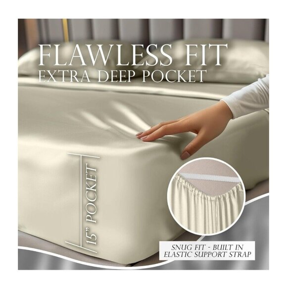 Luxury Satin Bed Sheet Set With 15" Extra Deep Pocket For Flawless Fit - Picture 4 of 7
